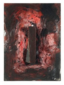 Giuseppe Spagnulo, senza titolo 2013, terracotta rosso di cadmio ossido di ferro sabbia di vulcano su crta applicata su tavola, 68x51